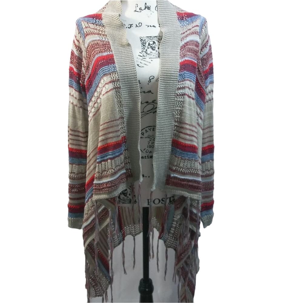 Woven Heart Open Front Sweater Cardigan Fringe Striped L